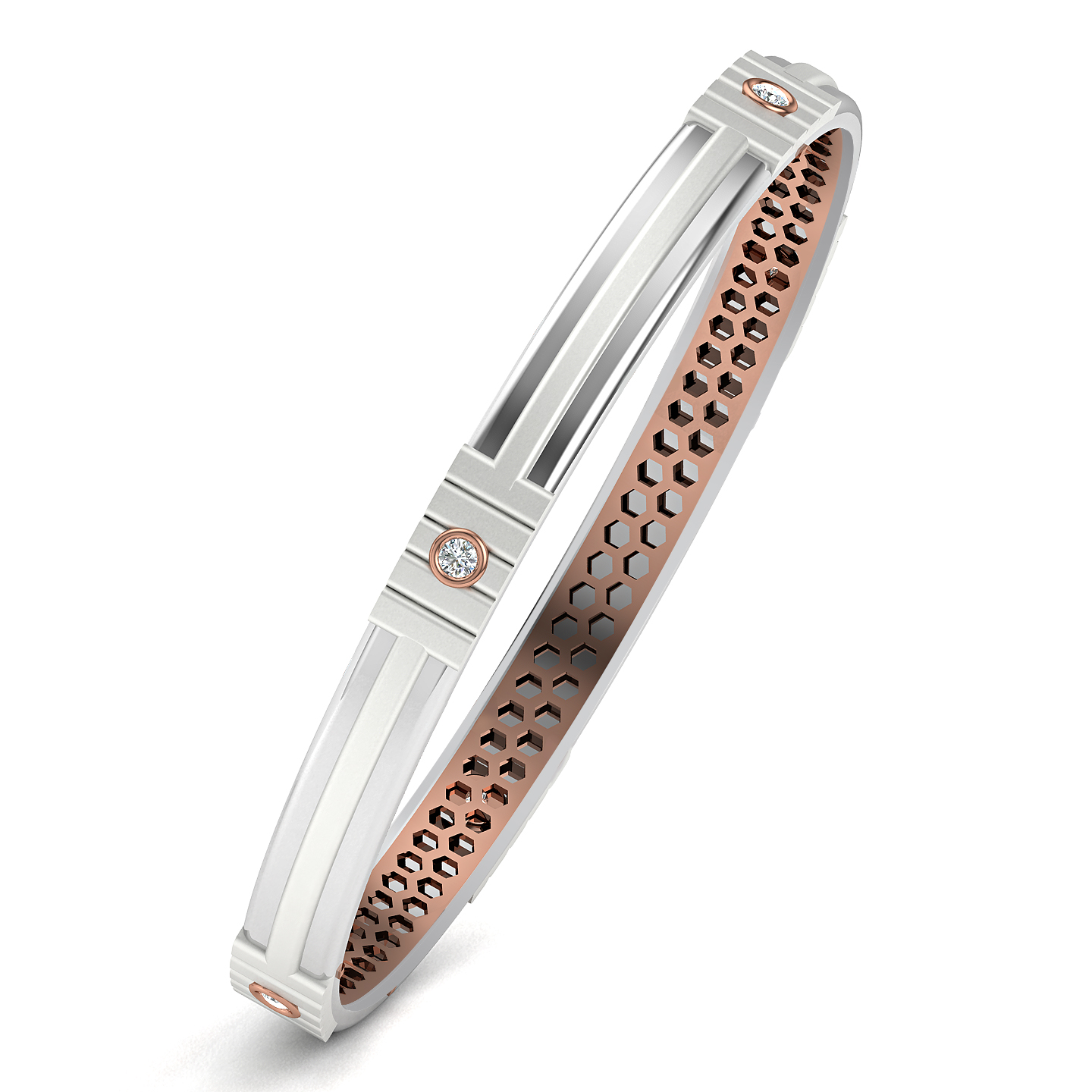 Geometric Dual-Tone Diamond Accent Bangle with Modern Linear Detailing