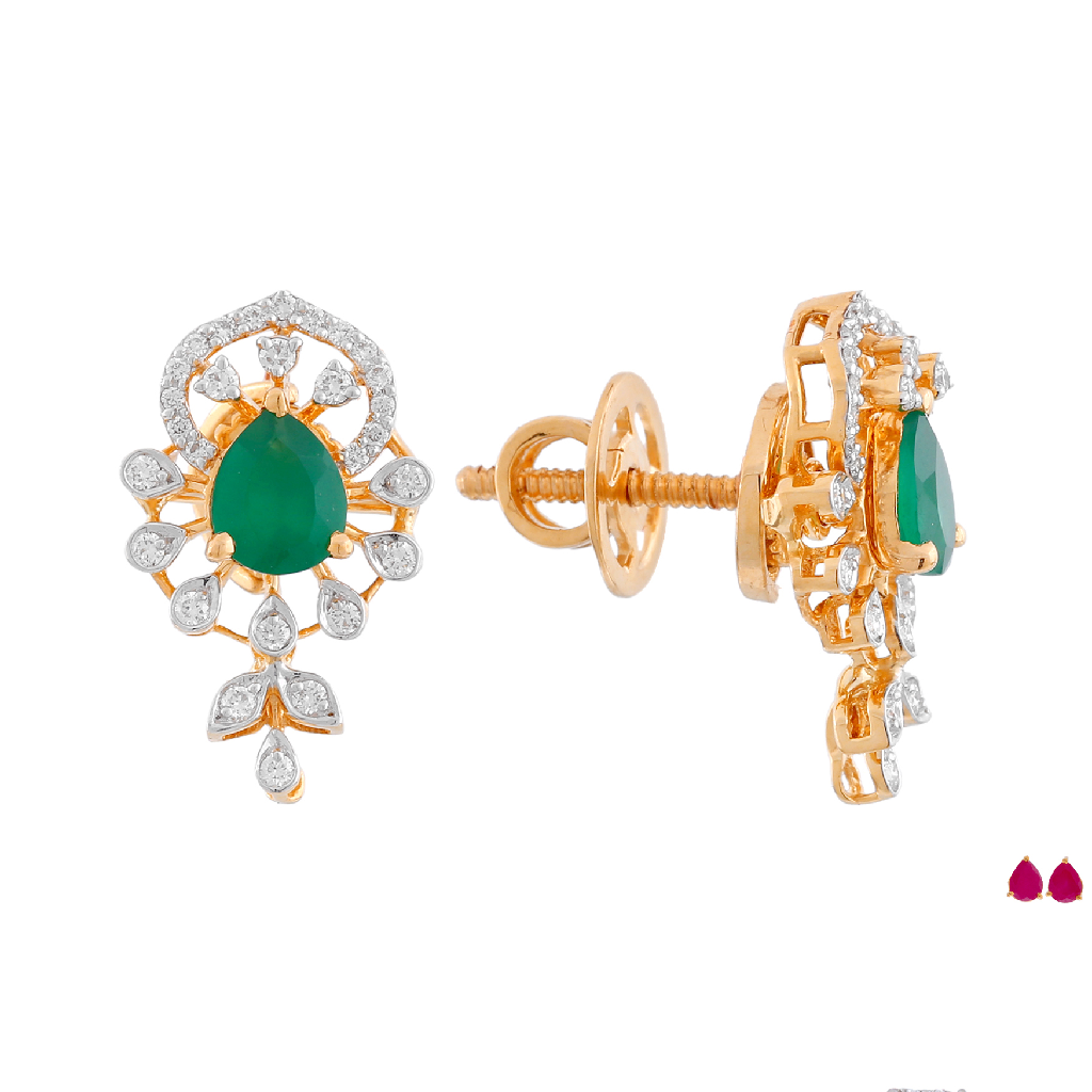 Pear-Shaped Green Stone Diamond Stud Earrings in Two-Tone Gold Finish
