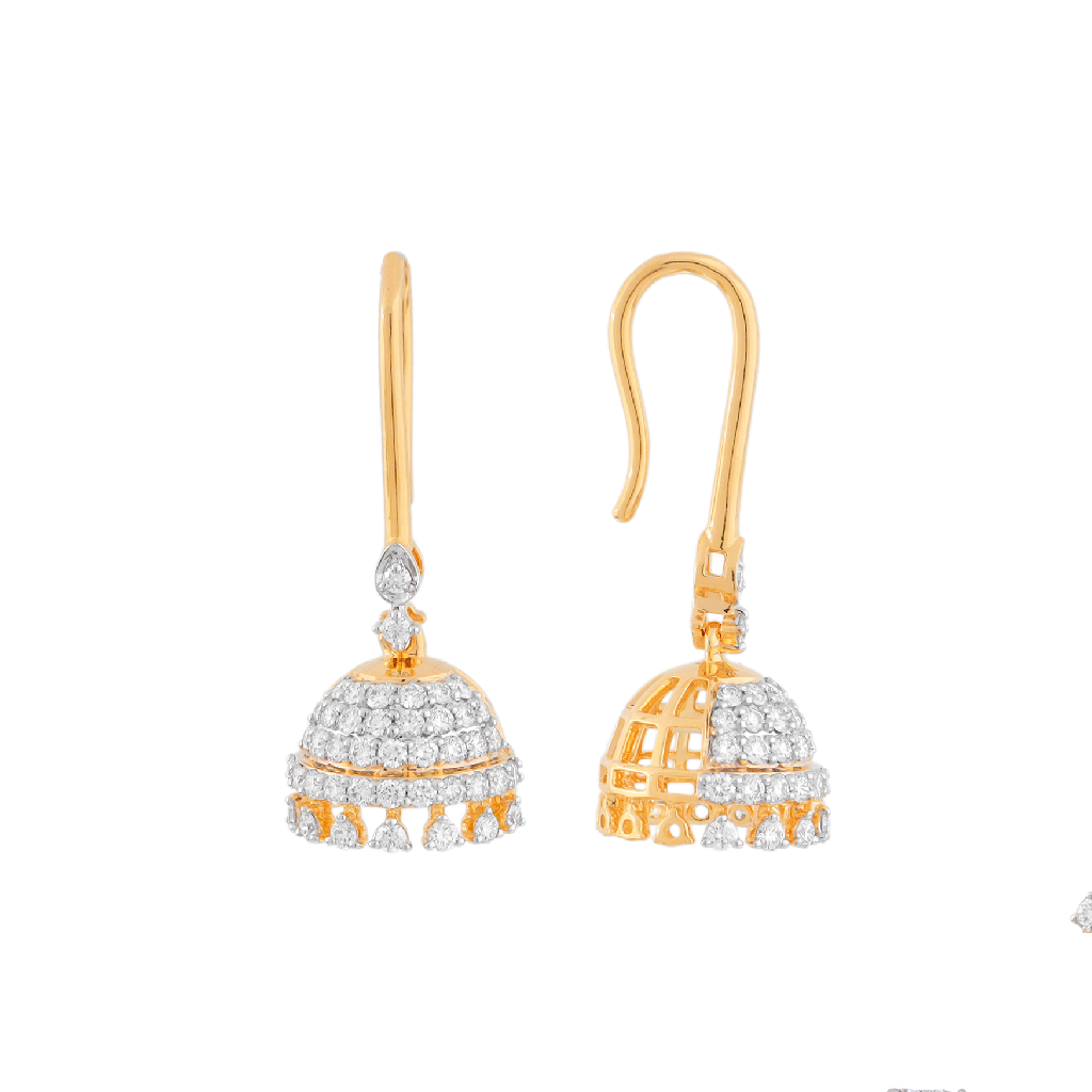 Classic Diamond Jhumka Drop Earrings with Hook Closure in Yellow Gold Finish