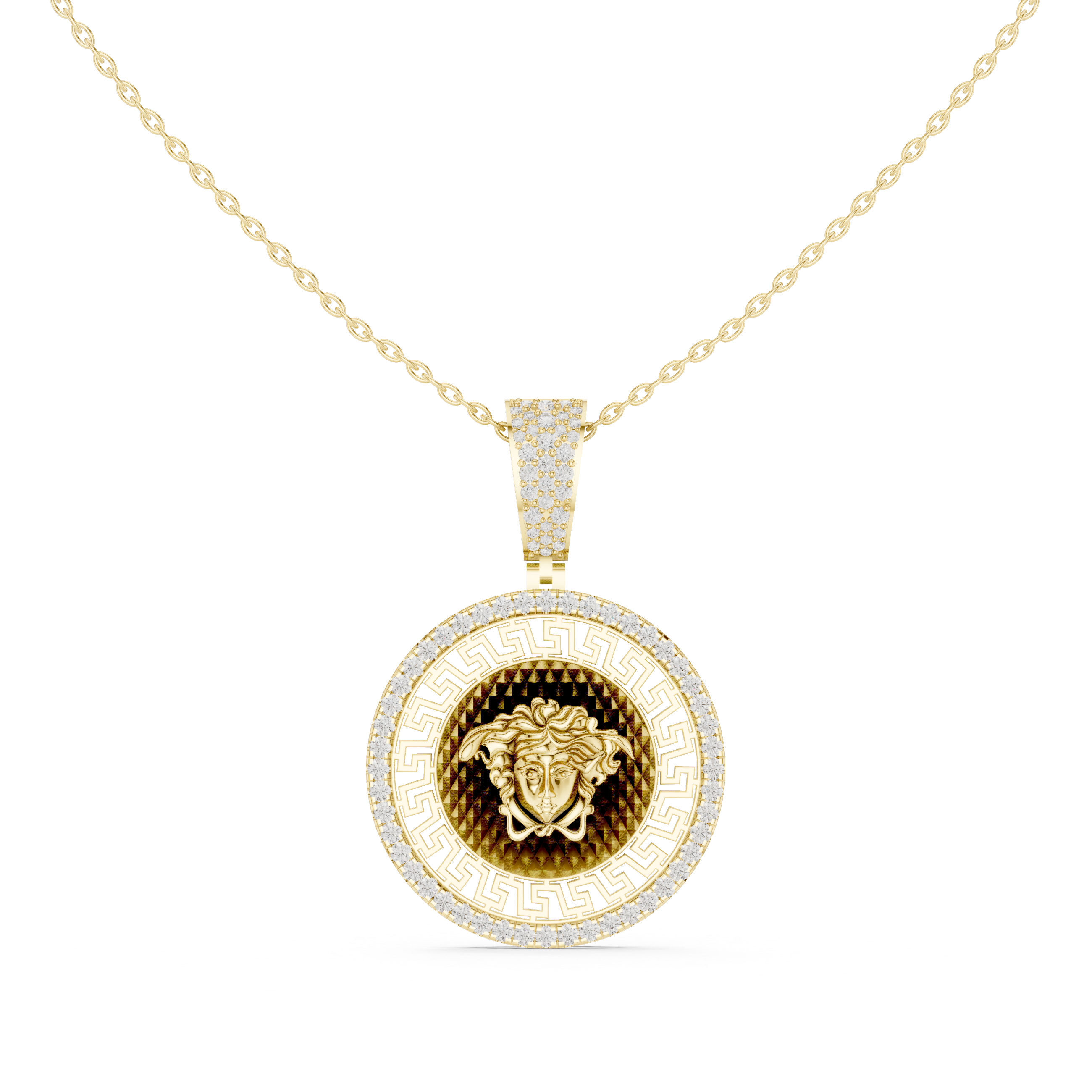 Royal Medusa Greek Key Pavé Gold Medallion Necklace
