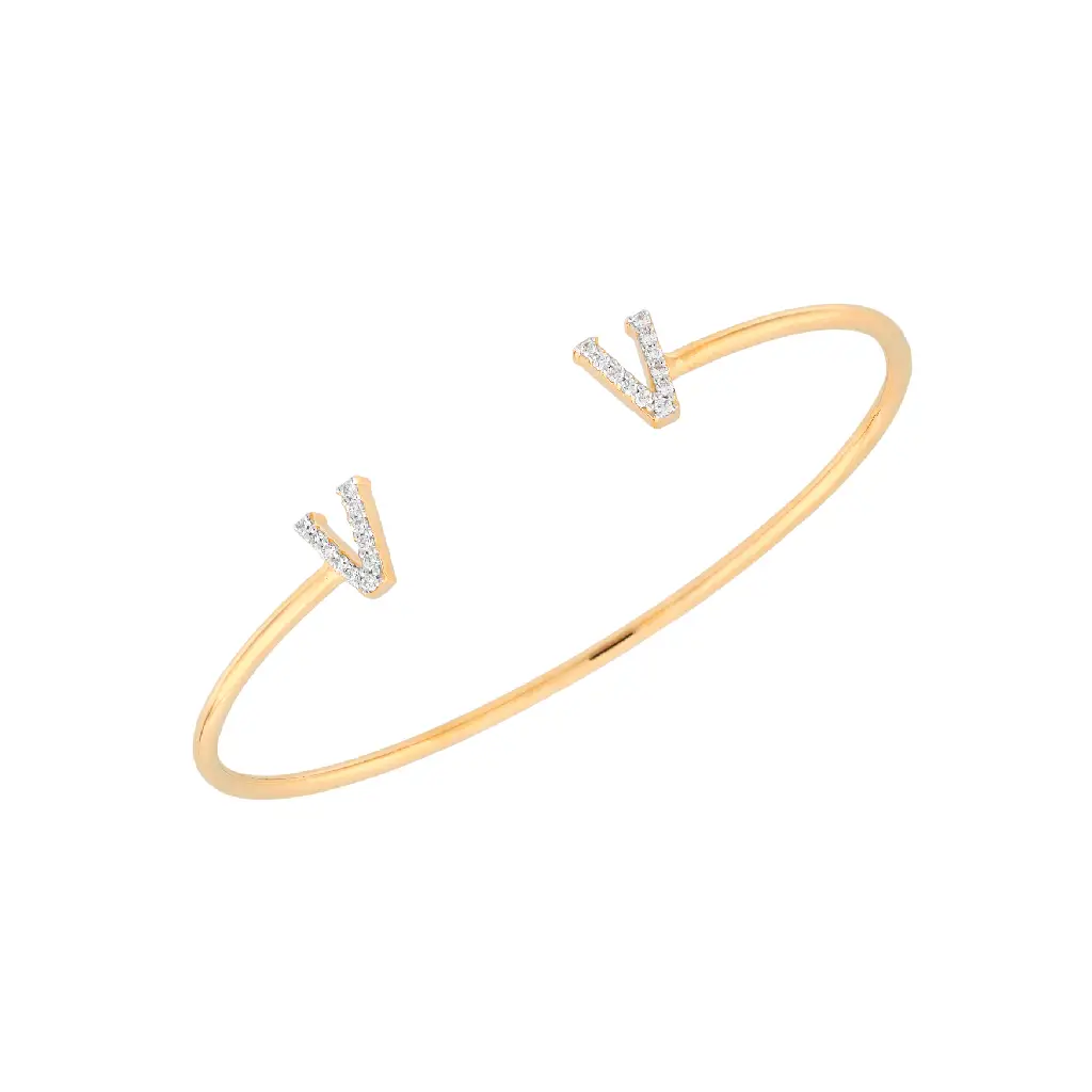 Diamond Initial “V” Open Bangle in Yellow Gold