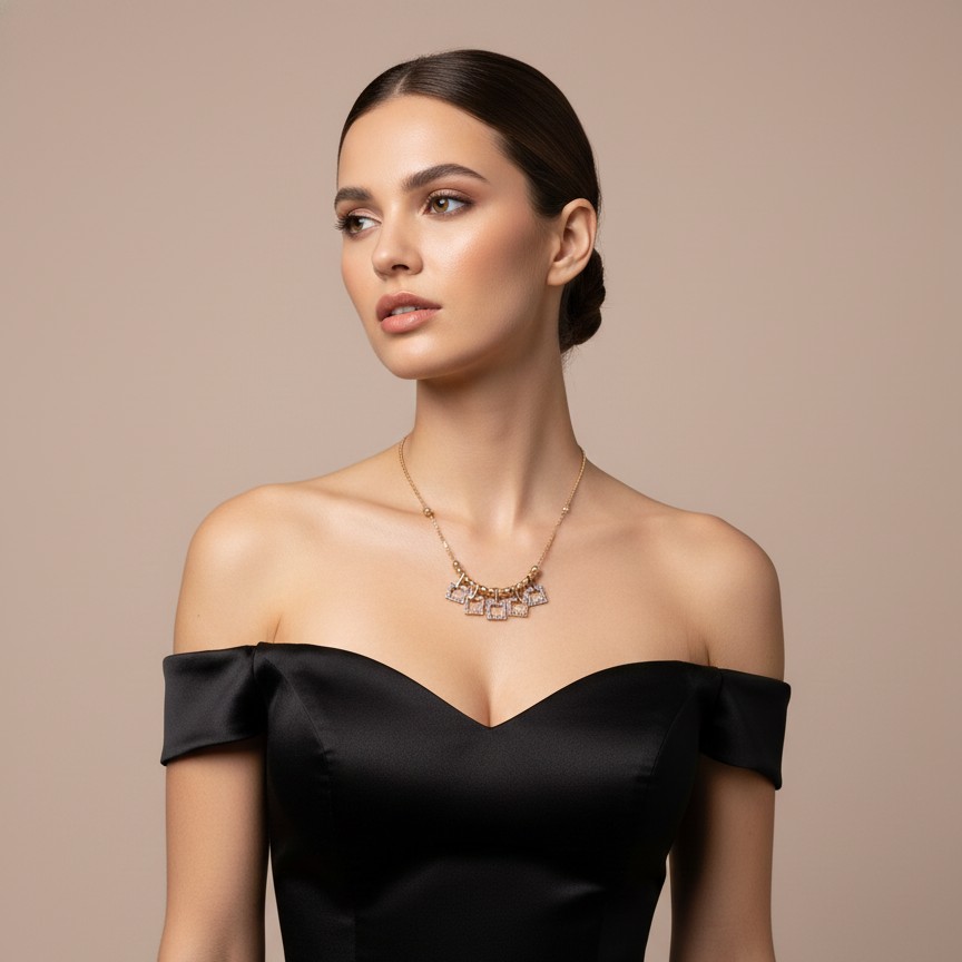 Dual-Tone Square Charm Necklace with Sparkling Crystal Outline