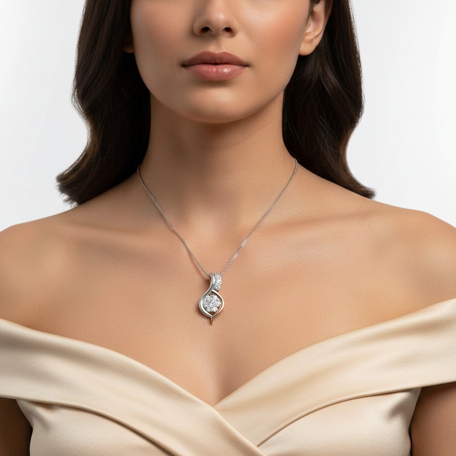 Dual-Tone Twirl Diamond Pendant with Floral Cluster Center