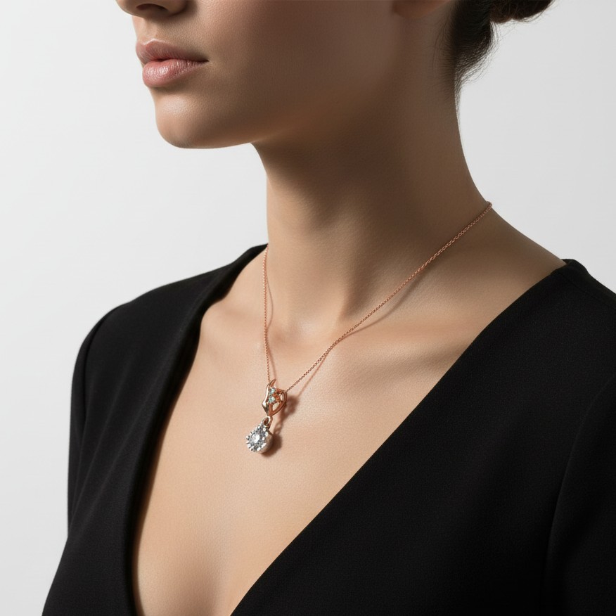 Dual-Tone Solitaire Drop Diamond Pendant with Rose-Gold Flame Accent